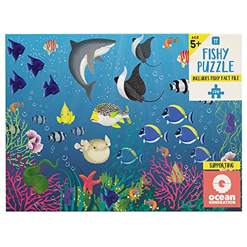 Talking Tables 100-teiliges Fisch-Puzzle für Kinder mit passendem Poster & Ozean-Faktendatei | Lernspiele für Kinder, Kleinkindspielzeug, Geburtstagsgeschenk, Blau von Talking Tables