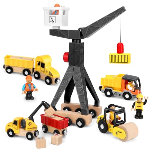 Taloit Kran Spielzeug Baustellenfahrzeuge Bagger Kinder ab 2 Jahre Holz Baustelle Spielzeug Baukran Turmkran Kranwagen Muldenkipper Straßenwalze Crane Spielzeug-Set 2 3 4 5 Jahre Alter Junge Geschenk von Taloit