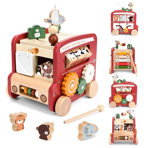 Taloit Motorikwürfel Holzspielzeug Motorikschleife für Ab 1 Jahr Montessori 9 In 1 Baby Puzzle Spielzeug Bus Motorikwürfel Baby Little Dutch Würfel Holz Aktivitätswürfel Cube (Rot) von Taloit