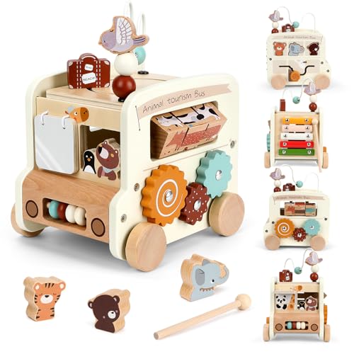 Taloit Motorikwürfel Holzspielzeug Motorikschleife für Ab 1 Jahr Montessori 9-In-1 Baby Puzzle Spielzeug Bus Motorikwürfel Baby Little Dutch Würfel Holz Aktivitätswürfel Cube (Weiß) von Taloit