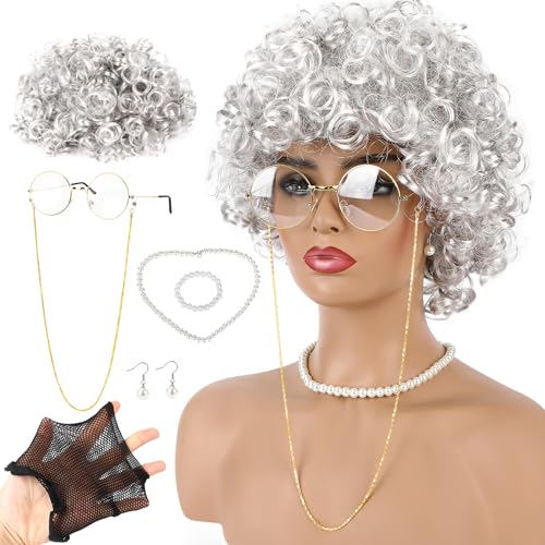 Taloit Oma Kostüm Alte Frau Cosplay set, 7 Stück Oma Perücke Old Lady Kostüm Oma Retro Lesebrille Brillen Ketten Armband Perlenkette Ohrringe Geeignet für Karneval Maskerade Ankleiden von Taloit