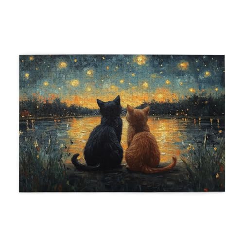 Puzzle 1500 Teile Sternenhimmel, Katze Holz XXL Puzzle Erwachsene mit Schachtel und Poster, Schwierige, Herausfordernde und Interessant Spiele für Anfänger, Frauen Wohndekoration Geschenke 1T-41 von Tamalsj