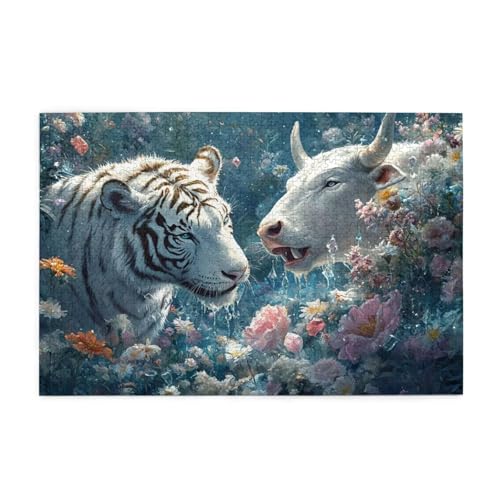 Puzzle 1500 Teile Tiger, Ochse Holz XXL Puzzle Erwachsene mit Schachtel und Poster, Schwierige, Herausfordernde und Interessant Spiele für Anfänger, Geschenke für Männer/Frauen Wohndekoration 1T-6 von Tamalsj