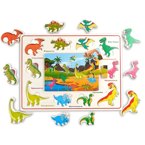 2 in 1 Holzpuzzles für Kinder Puzzle ab 3, Puzzle-Set aus Holz für Kinder, Lernspielzeug für Kinder 3 4 5 6 Jahren, pädagogisches Vorschul-Lernspielzeug für Kinder Jungen und Mädchen (Dinosaurier) von Tangdudu