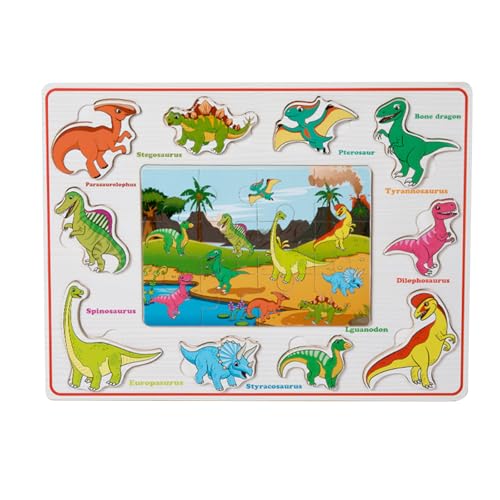 2 in 1 Holzpuzzles für Kinder Puzzle ab 3, Puzzle-Set aus Holz für Kinder, Lernspielzeug für Kinder 3 4 5 6 Jahren, pädagogisches Vorschul-Lernspielzeug für Kinder Jungen und Mädchen (Dinosaurier) von Tangdudu