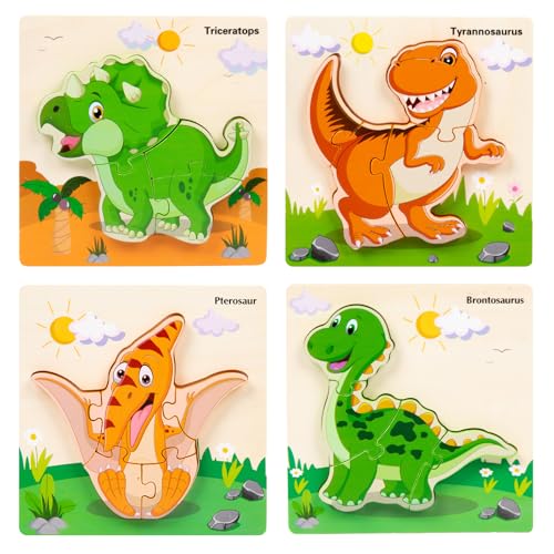 4 Stück 3D Kinder Holzpuzzle, Holzspielzeug ab 1 2 3 Jahren, Steckpuzzle Holz Montessori Spielzeug für Baby, Kleinkind Lernspielzeug, Geschenk für 1 2 3 jährige Jungen und Mädchen (Dinosaurier) von Tangdudu