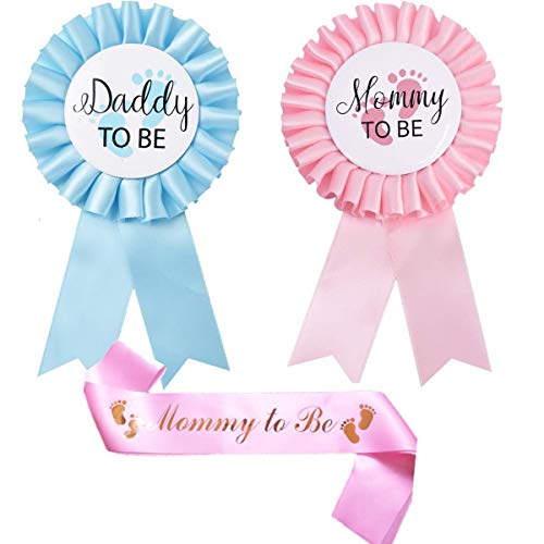 Tangger Mommy to Be und Daddy to Be Geschenk Abzeichen Geschlecht Knopf,Mommy to Be Schärpe Rosa für Baby Dusche Party Feier von Tangger