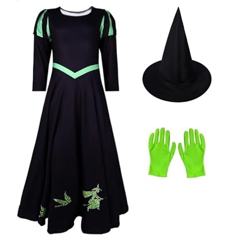 Tangsenyu Grünes böses Hexenkostüm für Kinder, Elphaba, 3-teiliges Set von Tangsenyu