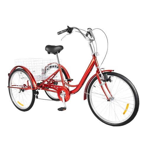 24 Zoll Dreirad für Erwachsene Tricycle for Adults Trike Freizeit-Fahrrad 6-Gang-Umsattelung, 120kg Tragfähigkeit, mit hintererem Korb (Rot) von TanjcXliu