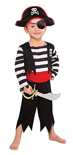 Tante Tina Piratenkostüm Jungen - 5-teiliges Piratenkostüm für Jungen mit Tunika , Hose , Gürtel , Augenklappe und Kopfband - Schwarz / Rot / Weiß - Größe M ( 128 ) - für Kinder von 5 bis 7 Jahren von Tante Tina