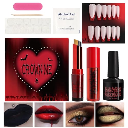 Halloween Spezialeffekt Make Up Set Mit Lippenstift, Plasma, Lidschatten, Press-on Nail Halloween Make Up Sete Für Gruselige Halloween Kostüme Damen Und Herren Vampir, Zombie, Untoter von Tanxemery