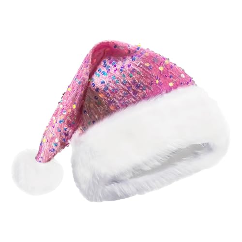 Tanxemery Glitzer Weihnachtsmütze Nikolausmütze Erwachsene Plüsch Rand Weihnachtsfeier Rosa Santa Mütze Nikolaus Warm Dicker Fellrand Weihnachtsmann Mütze Mit Pailletten Und Pompon Für Herren/Damen von Tanxemery