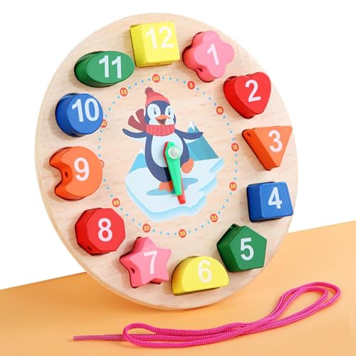 Tanxier Uhr-Puzzle-Spielzeug | Uhr Spielzeug für Kinder | Hölzerne Zahlenform, Lernuhr, Spielzeugschnürung, Perlen, Spielzeug für Kleinkinder, Sortieren und Stapeln von Spielzeug von Tanxier