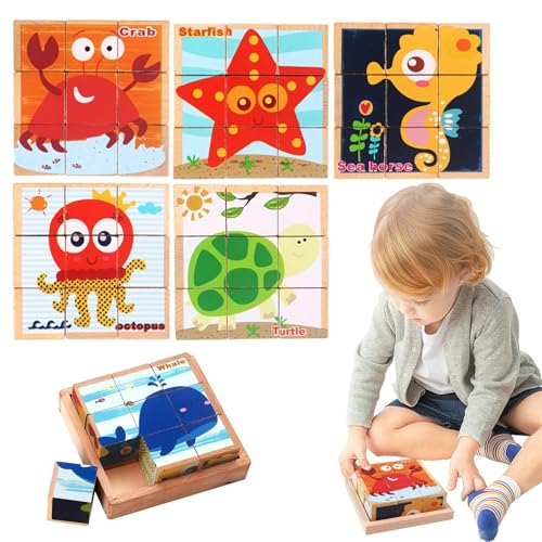 Tanxier Würfelpuzzle mit Ablagefach, Blockpuzzles für Kinder | 3D-Tierpuzzle für Vorschulkinder - 6-in-1 interaktives Meerestier-Puzzlespielzeug für Kinder, Mädchen, Familie von Tanxier