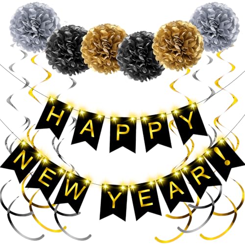 TaoBary 15 Stück Silvester Party Supplies für 2025 Happy New Year Dekorationen Schwarz Gold Neujahr Banner Swirl Streamer Pom Poms Glow Lights Silvester Dekorationen Batterien nicht im Lieferumfang von TaoBary