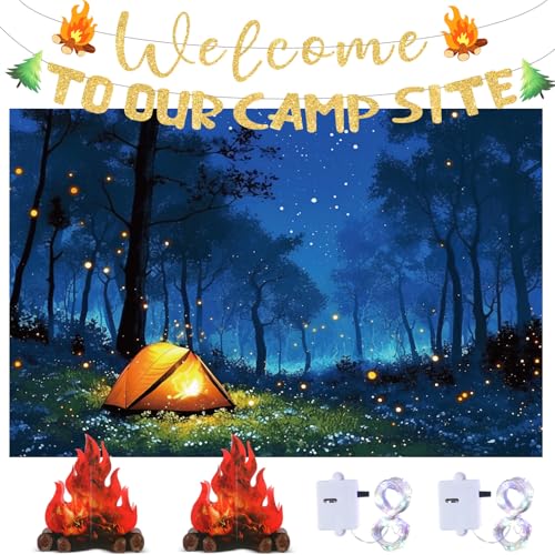 TaoBary Das 6-teilige Camping-Party-Dekorationsset beinhaltet 1 Camping-Hintergrund, 2 künstliche Feuerpappen, 1 Banner mit Aufschrift "Welcome to Our Camps", 2 Camping-Lichterketten mit Batterie für von TaoBary