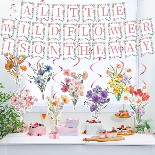 TaoBary Wildblumen-Babyparty-Dekorationen mit Banner, hängende Wirbel, 55 Stück, Frühlings-Wildblumen-Party-Banner für eine kleine Wildblume ist unterwegs, Babyparty-Dekoration für Babyparty, von TaoBary