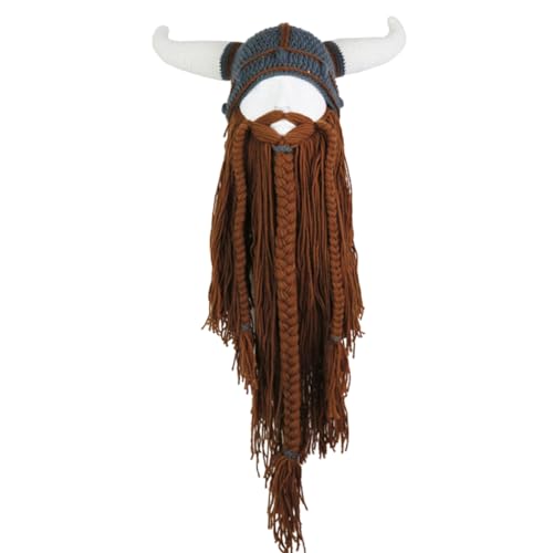 Taoyuany Wikinger Helm Strickmütze Mit Bart Mittelalter Cosplay Wikinger Stoff Hut Horn Mütze Für Halloween Karneval von Taoyuany