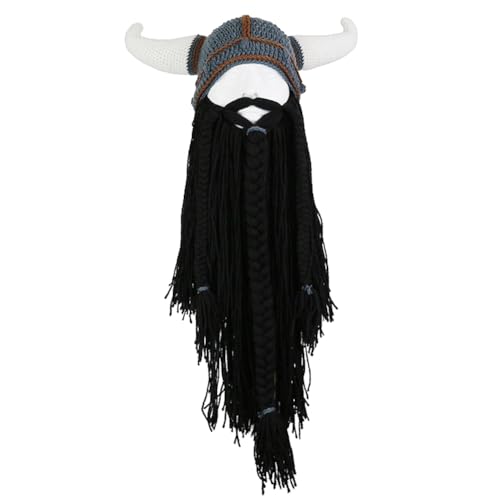 Taoyuany Wikinger Helm Strickmütze Mit Bart Mittelalter Cosplay Wikinger Stoff Hut Horn Mütze Für Halloween Karneval von Taoyuany