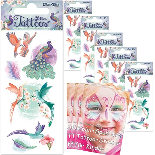 6-teiliges Tattoo-Set * PARADIESVÖGEL * mit Glitzer vom Mauder-Verlag | Plus Buch: Spiel + Spaß mit Tattoos und Sticker für Kinder | Kindertattoo Geburtstag Mitgebsel Tiere Vögel Aufkleber Sloth von Tapirella: