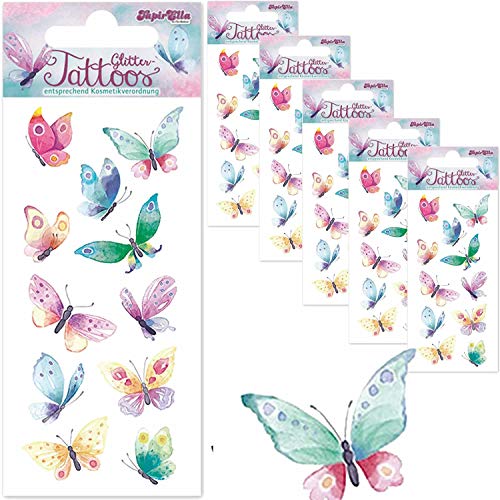 6-teiliges Tattoo-Set * Schmetterlinge * mit Glitzer vom Mauder-Verlag | Plus Buch: Spiel + Spaß mit Tattoos und Sticker für Kinder | Kindertattoo Geburtstag Mitgebsel Tiere Butterflies Aufkleber von Tapirella: