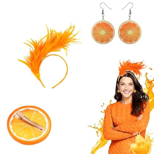 Aperol Kostüm Haarreif Orange Kostüm Damen Haarschmuck mit Orangen Ohrringe Haarschmuck Kopfschmuck Feder Mode Haarbänder für Karneval Kostüm (Ohrringe und feder Haarschmuck) von Tarange