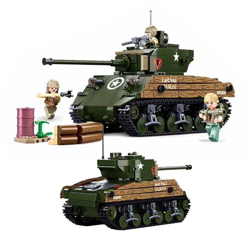 Tarcury Battle Brick WW2 M4A3 Mittlerer Panzer - 2in1 Armee Set Bausteine (715 STK) mit 3 Spielzeugsoldaten - Ideales Militärspielzeug für Kinder & Erwachsene von Tarcury