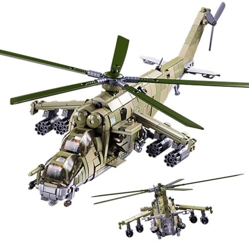 Tarcury MI-24 Angriffshubschrauber-Bausatz - 893 PCS 1:30 Maßstab Militär Gunship Modell, Schlachtziegel WW2 Armee-Spielzeugset mit 3 Spielzeugsoldaten von Tarcury