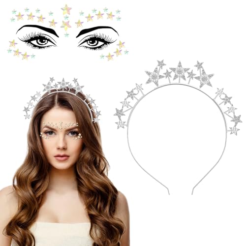 Sterne Haarreif, Strass Haarband Silber Stern Stirnband con Sterne Gesichtstattoo Geburtstag Party Kostüm Haarreifen Karneval Haarreif Halloween Cosplay Maskerade Glitzer Haarschmuck für Damen Mädchen von Tashce