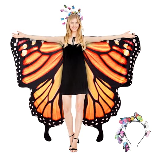 Taskicraft Schmetterling KostüM Damen FlüGel-Orangeschwarz Karneval KostüM Damen FaschingskostüMe Damen mit Buntes Schmetterlings-Stirnband KostüM Prop FüR Cosplay Karneval Fasching Party von Taskicraft