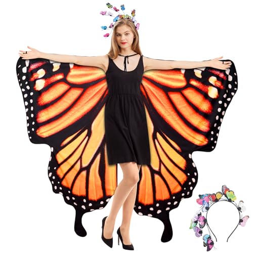 Taskicraft Schmetterling Kostüm Damen Faschingskostüme - Orangefarbene Schwarz Karneval Kostüm Damen Schmetterling Mit Schmetterling Haarreif Kostüm Schmetterling Flügel Umhang Beidseitiger Druck von Taskicraft