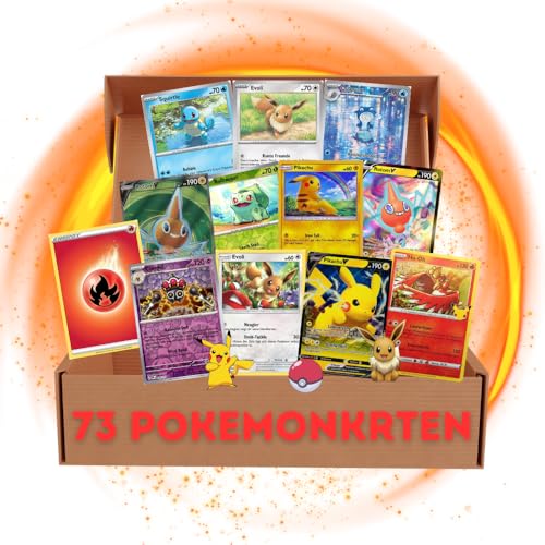 Pokemon Mystery Box, Sammelkarten, 73 Verschiedene Karten, 6 Trainer, 5 Energien, 1 V, VMAX, VSTAR, EX, 2 Holo, 3 Reverse Holo, 1 Rare, Zufällige Sets inkl. Code Cart von Tasty Pops