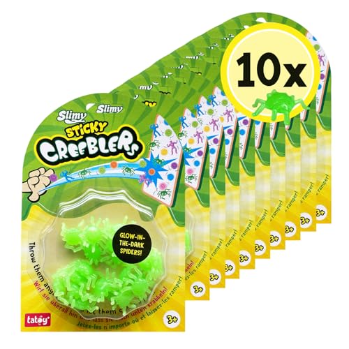 Tatoy Slimy Sticky GID Spider Creeblers - Kindergeburtstag Vorteilspack mit 10 x Glow-in-The-Dark Glibber Spinnen, Original Wandkrabbler, klebrige Fensterläufer für Kinder (ab 3 Jahre) von Tatoy