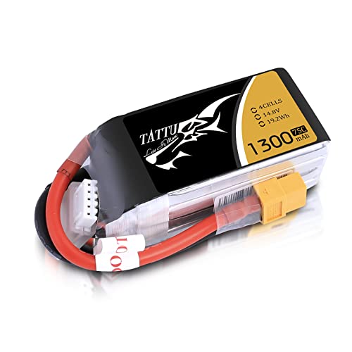 Tattu 4S LiPo Akku 1300mAh 14.8V 75C 4S Batterie mit XT60 Stecker for FPV Racing Quadcopters Helikopter Flugzeuge und RC Drone,RC Heli Airplane von TATTU