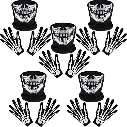 2 Set Weiß Skelett Handschuhe und Schädel Gesichtsmaske Half Ghost Knochen für Erwachsene Halloween Tanzen Kostüm Party (5 Sets) von Tatuo