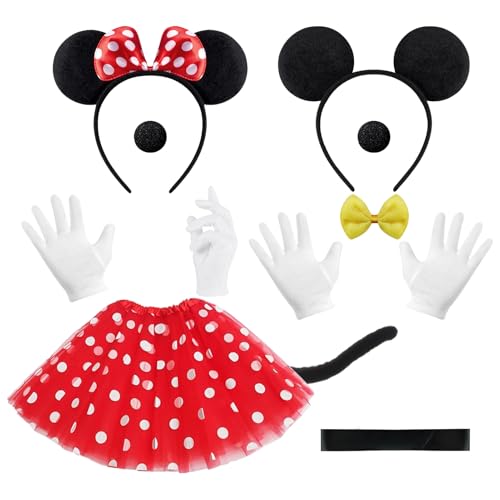 Damen Maus Mouse Kostüm,Karnevalskostüme für micky und minni mouse,für minni Mouse Kostüm Damen,Gepunkteter Tutu +2 Haarreifen Maus Ohren + 2Handschuhe +Schwanz + 2 Nase,Mouse Cosplay Set für Karneval von Taufe