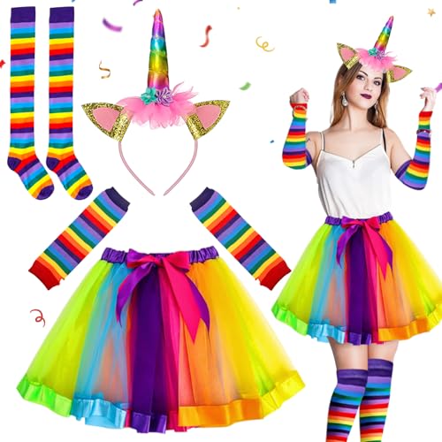 Taufe 4er Einhorn kostüm erwachsene,Regenbogen Kostüm Damen,Tüllrock Regenbogen Damen,Einhorn Horn Stirnband,Regenbogen Tutu Rock Kniestrümpfe Streifen und Lange Handschuhe, für Karnevalspartys von Taufe