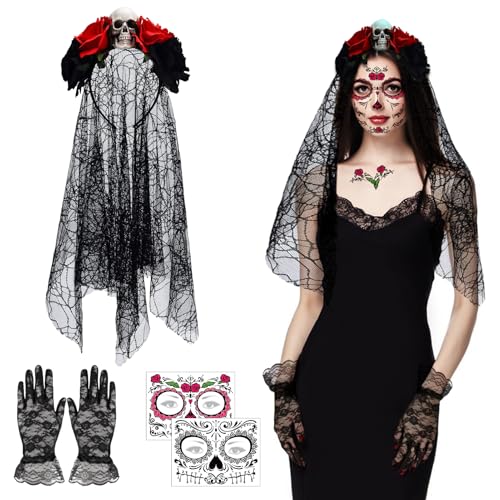 Halloween Tag der Toten Damen Kostüm Accessoires,Dia De Los Muertos Rosen Totenkopf Haarreif Schleier,Gesicht Tattoos,Rose Spitzenhandschuhe,Mexikanische Stirnband,für Karneval Fasching Halloween von Taufe