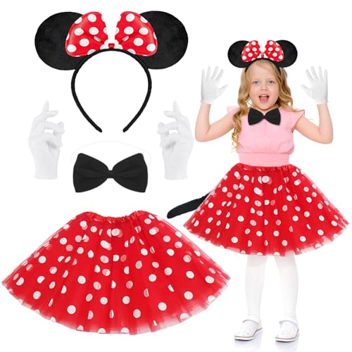 Mädchen Maus Mouse Kostüm,Minni Maus Kostüm Mädchen,Minni Maus-Kostüm Kinder,Minni Mouse Kostüm Kinder,Rot Tutu + Haarreifen mit Maus Ohren + Schwarz Schleife + Handschuhe + Schwänze,für Karneval von Taufe