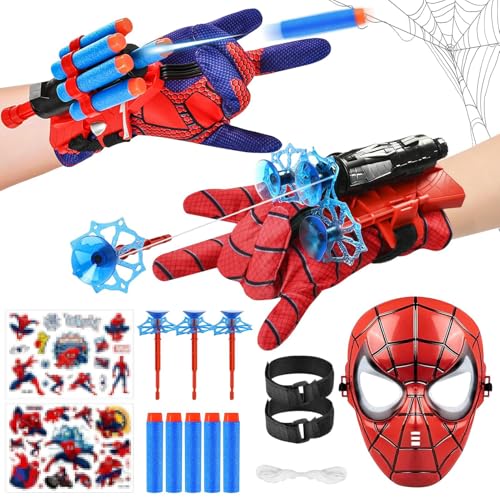 2 Set Spiderm Launcher Handschuh,Spiderm Handschuhe,Super Spiderm Launcher,Kids Spiderm Hero Handschuhe mit Maske und Aufkleber,Spiderm netzwerfer,Spiderm Hero Handschuhe,Geschenk für Kinder Fans von Taufe