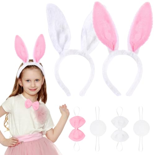 Taufe 2 Sets Hasenohren Haarreif, Hase Ohren Haarbänder Plüsch-Hasenohren Hasen Cosplay Kragen und Schwanz für Kinder Erwachsene Karneval Cosplay Kostüm Party von Taufe