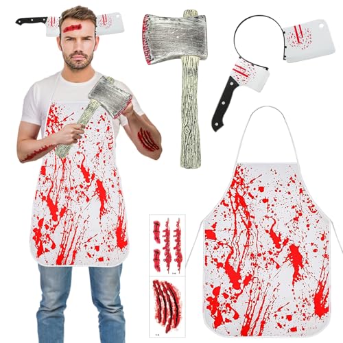 Taufe Halloween Kostüm Metzger,metzger kostüm halloween,schlachter kostüm,halloween schürze blut,Blutige Schürze,Halloween Kostüm,mit Messer Haarband Aufkleber,für Herren,Erwachsene und Teenager(A) von Taufe