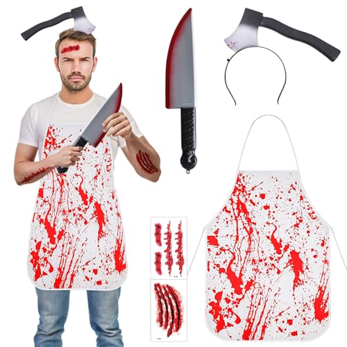 Taufe Halloween Kostüm Metzger,halloween schürze blut,Blutige Schürze,Metzger Kostüm,Halloween Kostüm,mit Messer Haarband Aufkleber,für Herren,Erwachsene und Teenager (B) von Taufe