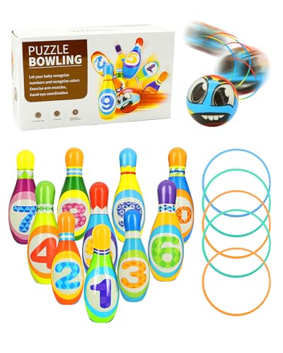 TayBong Bowling Set Kinder, 17-teiliges Kegelspiel für Kinder mit 10 Kegeln und 2 Bällen,5 Wurfringe, Pädagogisches Lern-Spielzeug für Drinnen & Draußen, Jungen und Mädchen von TayBong