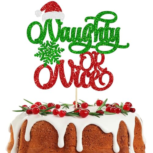 Naughty or Nice Cake Topper, Rot Grün Glitzer Weihnachten Kuchen Picks Santa Hut Schneeflocke Weihnachten Kuchen Dekoration für Frohe Weihnachten Thema Neujahr Urlaub Party Kuchen Supplies von Tbay