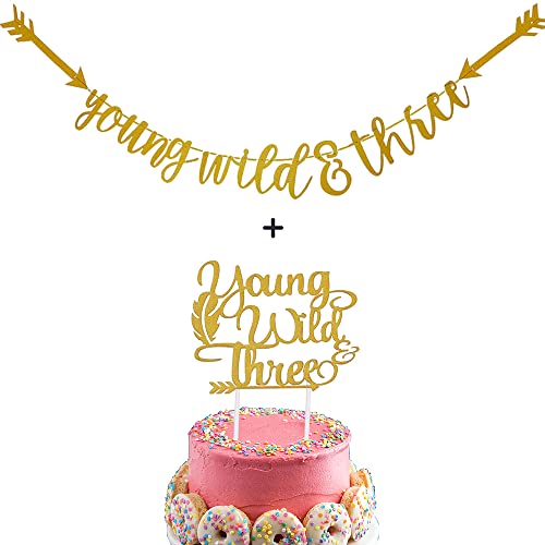 Young Wild & Three Gold Glitter Banner und Kuchen Topper für Baby 3. Geburtstag Party Dekorationen von Tbay