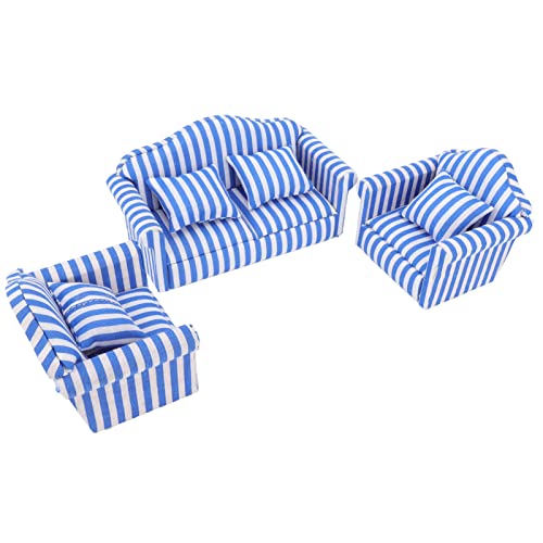 Tbest Puppenhaus-Sofa-Set, Robuster Mini-Stoff aus Braunem Kiefernholz, Romantisch und Lässig, Ideale Miniatur-Dekoration für 1:12 Puppenhaus mit Foto-Requisite (Blue) von Tbest