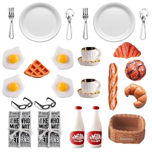 24 Stück Wichtel Zubehör, Miniatur Wichtel Zubehör Mini Geschirr Besteck Teller Eier Milch Brot Tasse Zeitung Messer Gabel Mini Küche kleine Kuchendekoration für Jungen Mini Getränke Essen Party von Tcnzdy