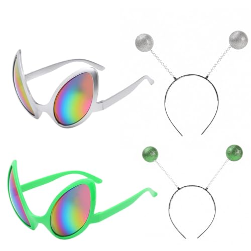 4 Stück Alien Brille Alien Haarreif Anzug, 2 Stück Antennen Kopfband 2 Stück Alien Sonnenbrille Alien Kostüm FüR Halloween, Weihnachten, Karneval Party Kostüm Zubehör von Tcnzdy