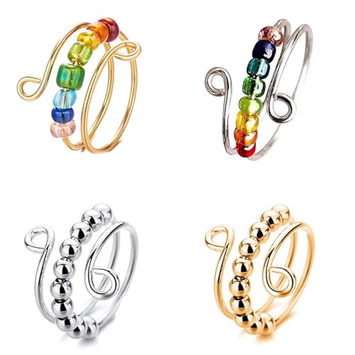 4 Stück Anxiety Ring, Verstellbare Anxiety Ring Linderung von Ängsten, Anti Stress Ring für Mädchen und Frauen Bunte Angst Spinning Ring mit Perlen, Anti Stress Ring Set von Tcnzdy